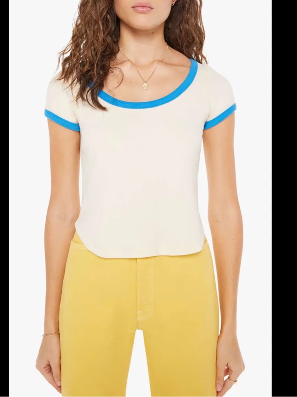 MOTHER Itty Bitty Scoop Neck T-Shirt in Cream with Blue Trim size L